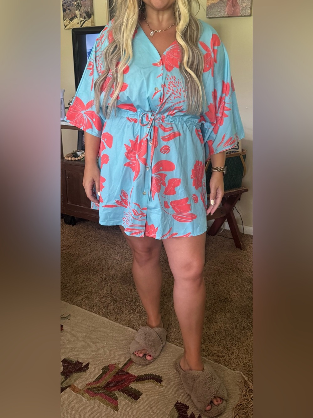 Turquoise Floral Button-Front Tunic Dress with Coral Print NWT